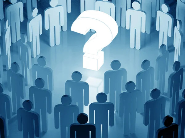 Big glowing question mark surrounded by a human crowd (blue tone — Stock Photo, Image