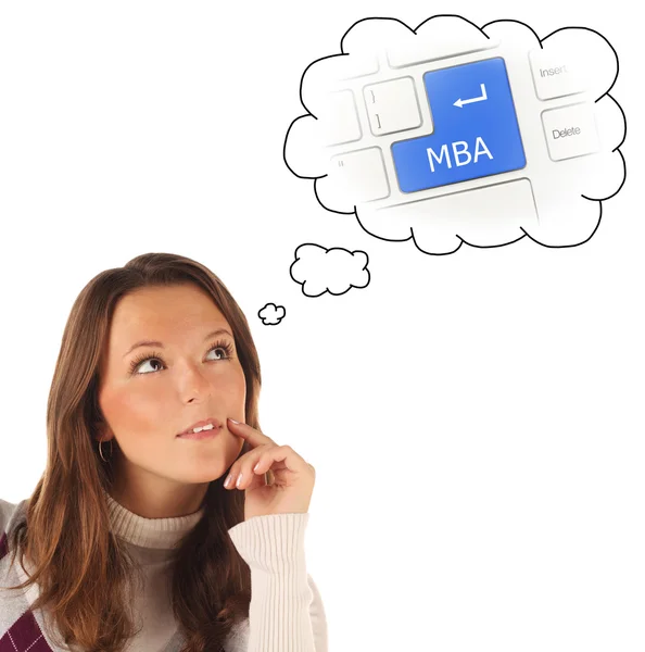 Крупный план портрета девушки, мечтающей о on-line тренинге MBA (i — стоковое фото