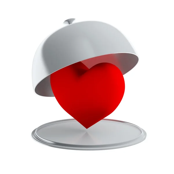 Red heart on silver platter (isolated) — Stock Photo, Image