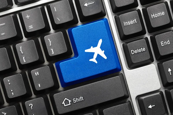 Conceptual keyboard - Blue key with airplane symbol — Stock Photo, Image