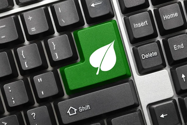 Koncepcyjne klawiatury - zielony przycisk z symbolem liścia — Zdjęcie stockowe