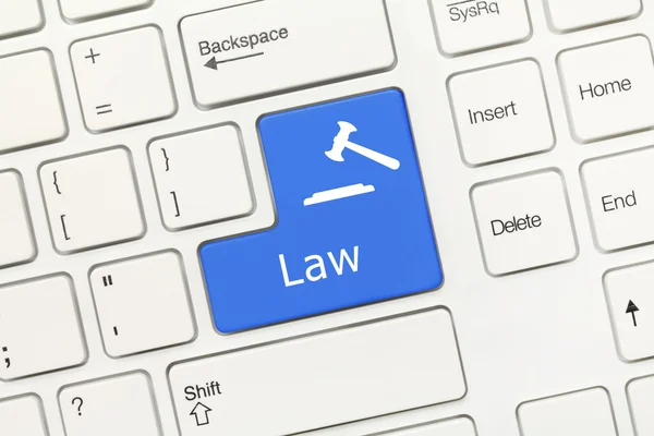White conceptual keyboard - Law (blue key with gavel symbol) — Zdjęcie stockowe