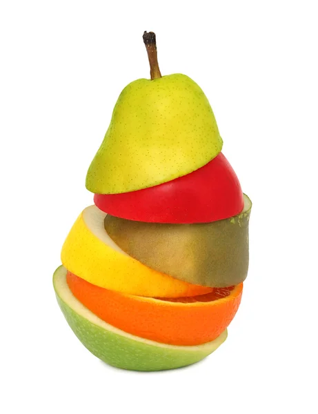 Pêra abstrata composta por pedaços de diferentes frutos (isolados — Fotografia de Stock