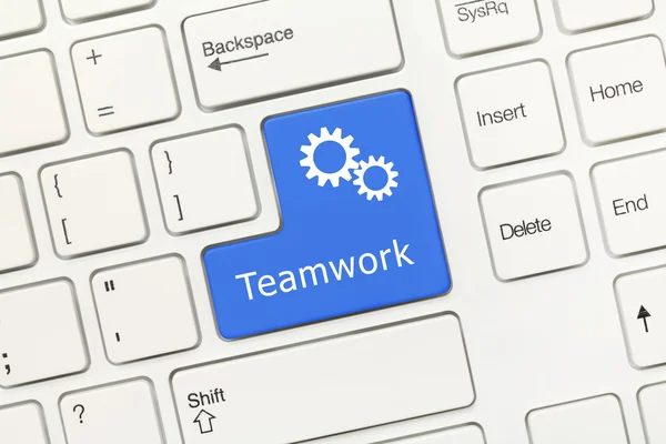 White conceptual keyboard - Teamwork (blue key with gear symbol) — Stock Photo, Image