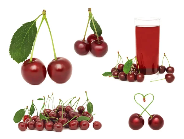 Set ripe cherry with green leaves (isolated) — Stock Photo, Image