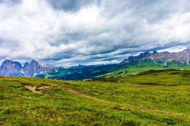 İtalya, Alpe di Siusi, Seiser Alm Sassolungo Langkofel Dolomite ile birlikte, arkasında dağ olan büyük yeşil bir tarla.