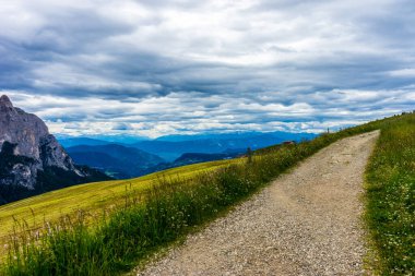 Alpe di Siusi, Seiser Alm Sassolungo Langkofel Dolomite ile birlikte, yemyeşil bir tarlada yayan bir yürüyüş yolu.