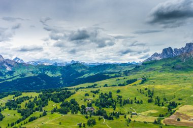 Alpe di Siusi, Seiser Alm Sassolungo Langkofel Dolomite ile birlikte Seiser Alm Puflatsch Bullaccia 'da yemyeşil alan.