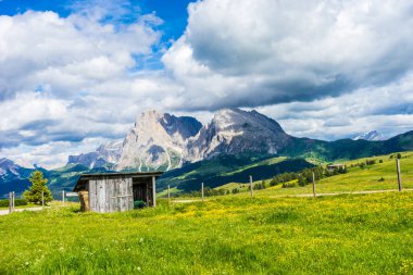 İtalya, Alpe di Siusi, Seiser Alm Sassolungo Langkofel Dolomite ile, tarlada eski bir ahır.