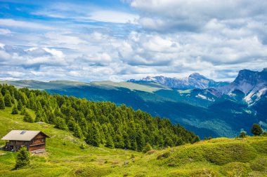 İtalya, Alpe di Siusi, Seiser Alm ve Sassolungo Langkofel Dolomite arka planda büyük bir dağ.