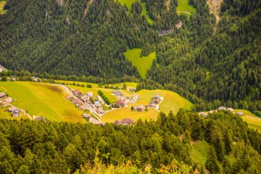 Alpe di Siusi, Seiser Sadm ve Sassolungo Langkofel Dolomite, bir vadide yemyeşil bir tarlaya yakın çekim.