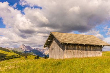İtalya, Alpe di Siusi, Seiser Alm Sassolungo Langkofel Dolomite ile, tarlada eski bir ahır.