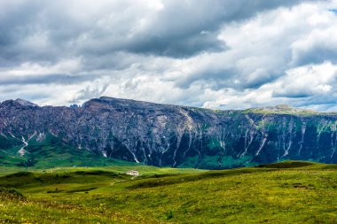İtalya, Alpe di Siusi, Seiser Alm Sassolungo Langkofel Dolomite ile birlikte, arkasında dağ olan büyük yeşil bir tarla.