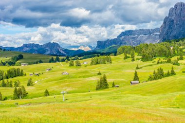 İtalya, Alpe di Siusi, Seiser Alm Sassolungo Langkofel Dolomite ile birlikte, arkasında dağ olan büyük yeşil bir tarla.