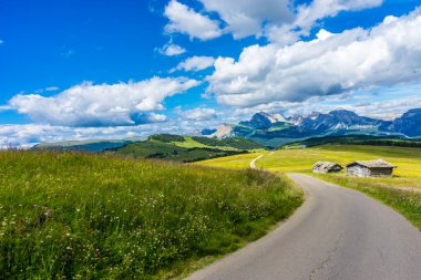 Alpe di Siusi, Seiser Alm Sassolungo Langkofel Dolomite ile birlikte, yemyeşil bir arazi panoramasında yayan bir yürüyüş yolu.