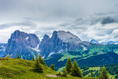 İtalya, Alpe di Siusi, Seiser Alm ve Sassolungo Langkofel Dolomite arka planda büyük bir dağ.