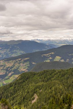 İtalya, Alpe di Siusi, Seiser Alm ve Sassolungo Langkofel Dolomite arka planda büyük bir dağın manzarası.