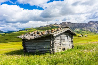 İtalya, Alpe di Siusi, Seiser Alm Sassolungo Langkofel Dolomite ile, tarlada eski bir ahır.