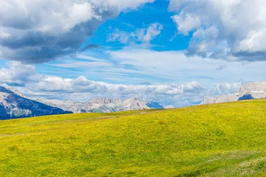 İtalya, Alpe di Siusi, Seiser Alm Sassolungo Langkofel Dolomite ile birlikte, arkasında dağ olan büyük yeşil bir tarla.