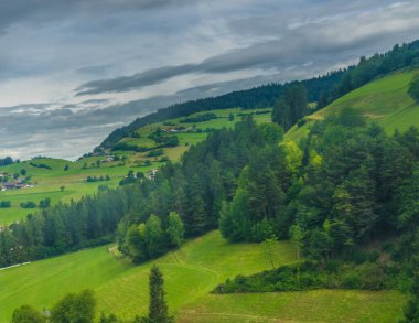İtalya, Alpe di Siusi, Seiser Alm ve Sassolungo Langkofel Dolomite, yemyeşil bir tepe manzarası.