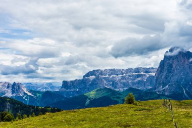 İtalya, Alpe di Siusi, Seiser Alm Sassolungo Langkofel Dolomite ile birlikte, arkasında dağ olan büyük yeşil bir tarla.