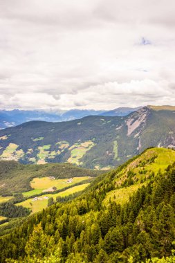 İtalya, Alpe di Siusi, Seiser Alm ve Sassolungo Langkofel Dolomite arka planda büyük bir dağın manzarası.