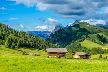 İtalya, Alpe di Siusi, Seiser Alm Sassolungo Langkofel Dolomite ile, tarlada eski bir ahır.