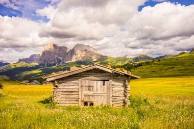 İtalya, Alpe di Siusi, Seiser Alm Sassolungo Langkofel Dolomite ile, tarlada eski bir ahır.