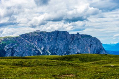 İtalya, Alpe di Siusi, Seiser Alm Sassolungo Langkofel Dolomite ile birlikte, arkasında dağ olan büyük yeşil bir tarla.