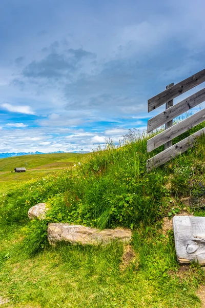 Италия Alpe Siusi Alm Фазолио Лангко Дамите Большое Здание Полем — стоковое фото