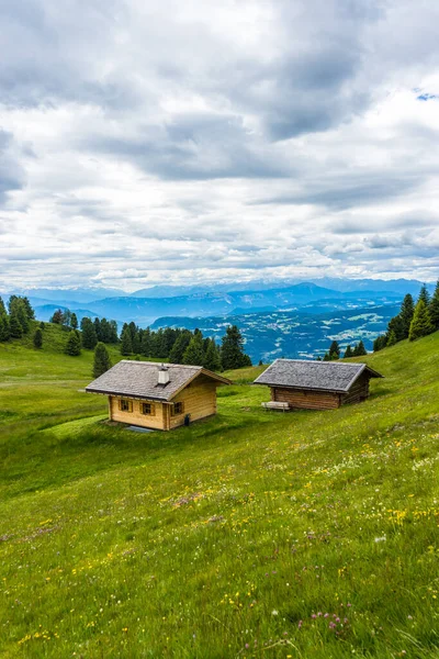 Alpe di Siusi, Seiser Sadm ve Sassolungo Langkofel Dolomite, arka planda dağ olan bir ev.