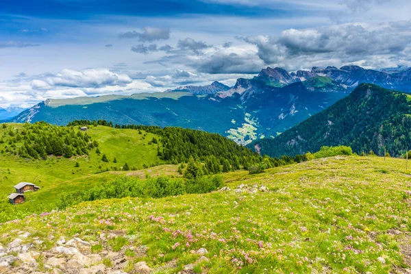 Itália Alpe Siusi Seiser Alm Com Sassolungo Langkofel Dolomite Uma — Fotografia de Stock