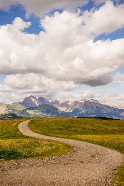 Alpe Siusi Seiser Alm Con Sassolungo Langkofel Dolomite Sendero Serpenteante — Foto de Stock