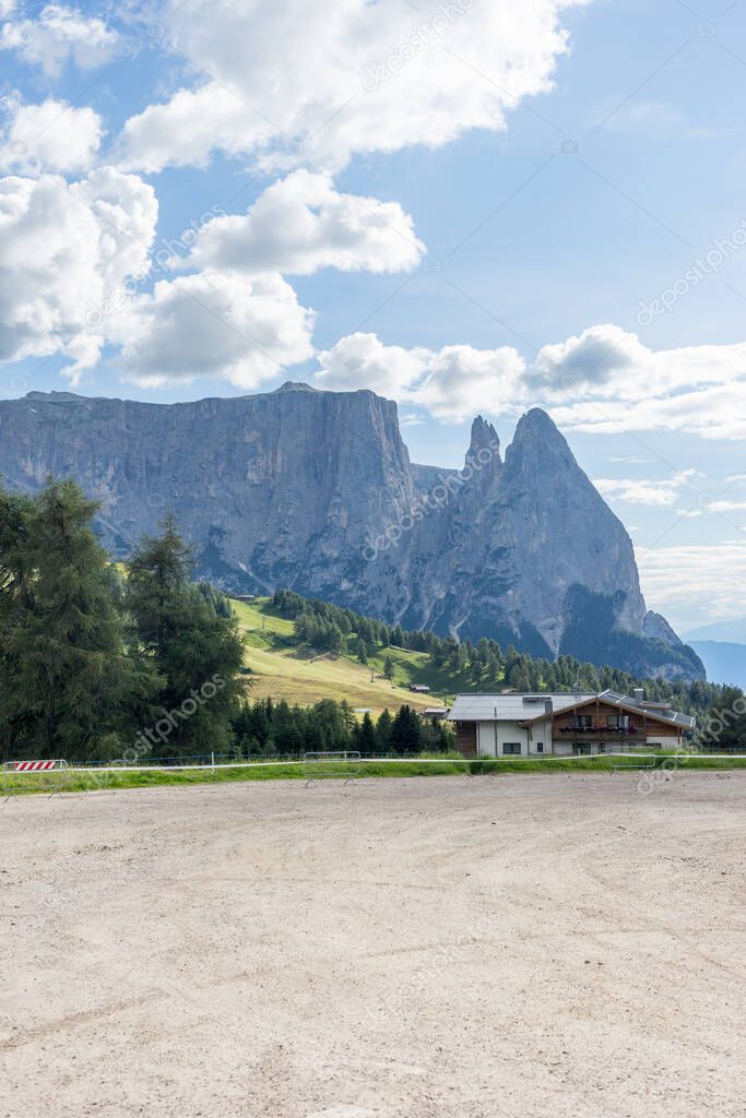 Italy, Alpe di Siusi, Seiser Alm with Sassolungo Langkofel Dolomite, a beach with a mountain in the background