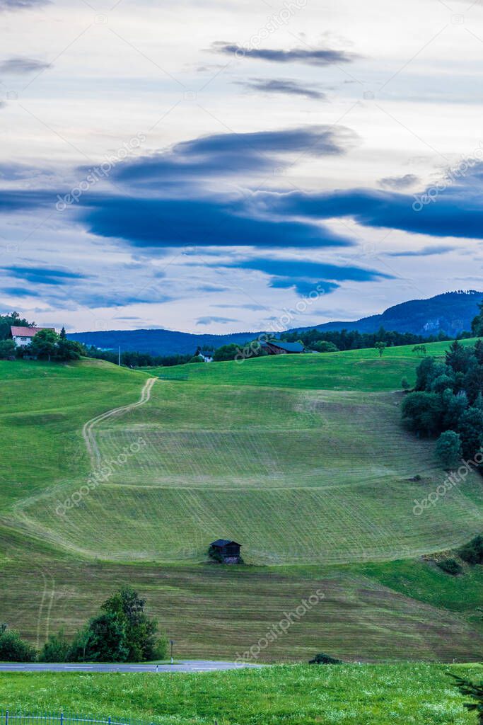 Italy, Alpe di Siusi, Seiser Alm with Sassolungo Langkofel Dolomite, a river running through a grassy field