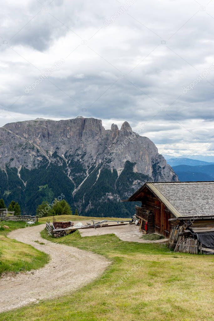 Italy, Alpe di Siusi, Seiser Alm with Sassolungo Langkofel Dolomite, an old barn in a field