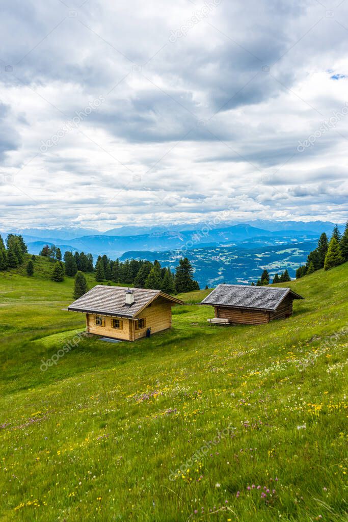 Alpe di Siusi, Seiser Alm with Sassolungo Langkofel Dolomite, a house with a mountain in the background