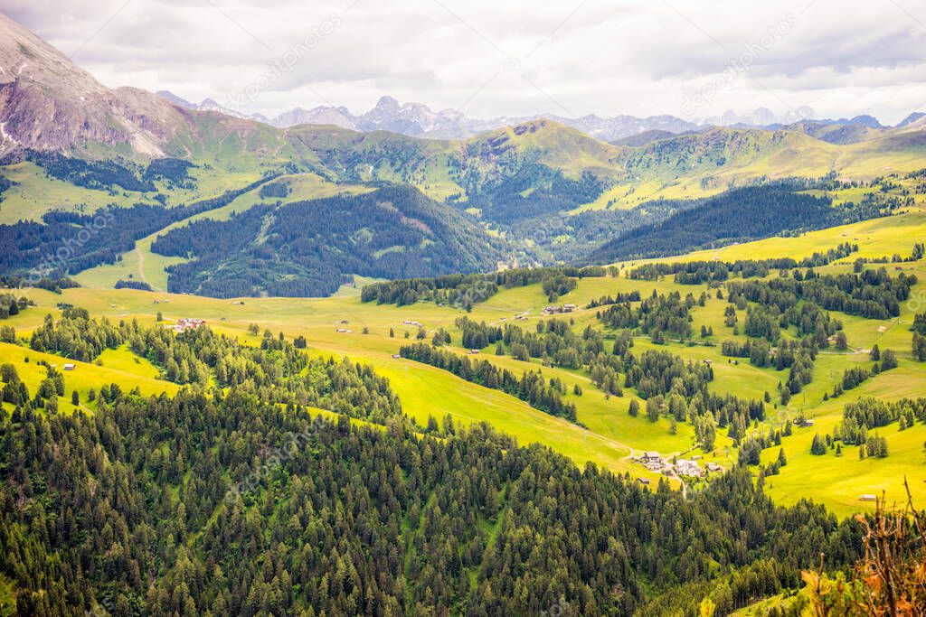 Italy, Alpe di Siusi, Seiser Alm with Sassolungo Langkofel Dolomite, a large green field with a mountain in the background