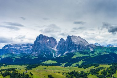 Alpe di Siusi, Seiser Alm Sassolungo Langkofel Dolomite ile birlikte Seiser Alm Puflatsch Bullaccia 'da yemyeşil alan.