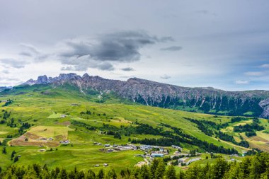 İtalya, Alpe di Siusi, Seiser Alm Sassolungo Langkofel Dolomite ile birlikte, arkasında dağ olan büyük yeşil bir tarla.