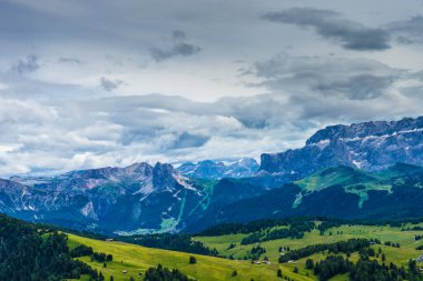 İtalya, Alpe di Siusi, Seiser Alm Sassolungo Langkofel Dolomite ile birlikte, arkasında dağ olan büyük yeşil bir tarla.