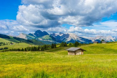İtalya, Alpe di Siusi, Seiser Alm Sassolungo Langkofel Dolomite ile, tarlada eski bir ahır.