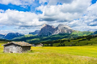 İtalya, Alpe di Siusi, Seiser Alm Sassolungo Langkofel Dolomite ile, tarlada eski bir ahır.