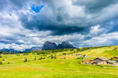Alpe di Siusi, Seiser Alm ve Sassolungo Langkofel Dolomite, vadi kanyonundaki yemyeşil bir arazinin yakınlarındaydılar.