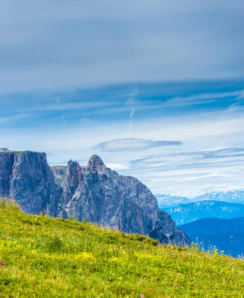 Italien Seiser Alm Seiser Alm Mit Langkofel Dolomiten Hintergrund Ein — Stockfoto
