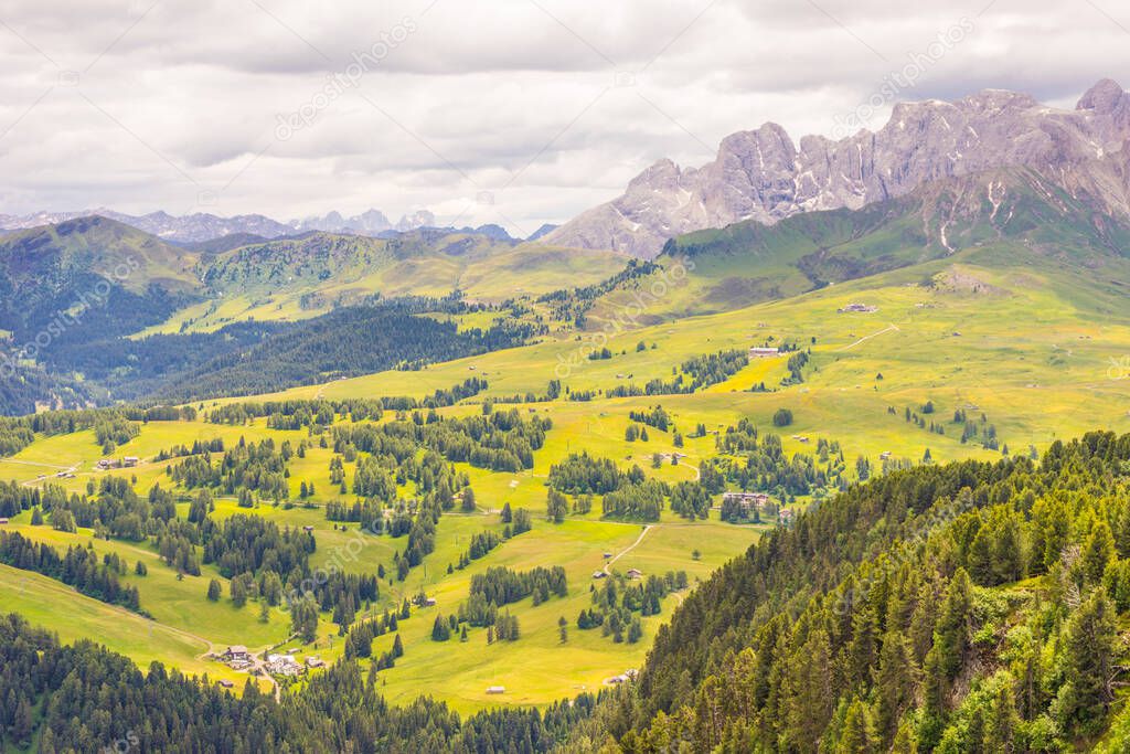 Italy, Alpe di Siusi, Seiser Alm with Sassolungo Langkofel Dolomite, a large green field with a mountain in the background