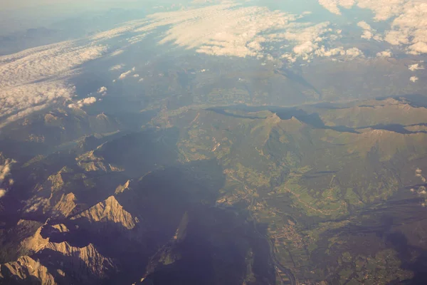 Clouds Snow Clad Austrian Alps Mountains Seen Airplane Window Europe — Stock Photo, Image