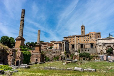 Roma, İtalya - 24 Haziran 2018: Roma 'daki Palatine Hill' deki Roma Forumundaki Apollo Tapınağı kalıntıları