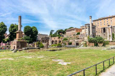 Roma, İtalya - 24 Haziran 2018: Roma 'daki Roma Forumundaki antik kalıntılar, Palatine Tepesi