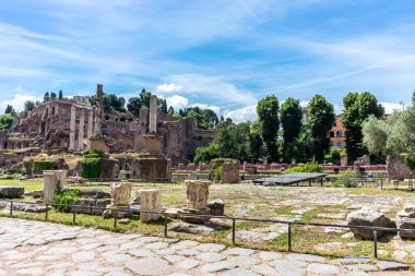 Roma, İtalya - 24 Haziran 2018: Roma 'daki Roma Forumundaki antik kalıntılar, Palatine Tepesi